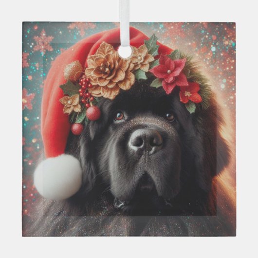 Newf in Extravaganter Weihnachtsmannmütze Ornament Aus Glas (Vorderseite)