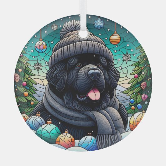 Newfie in Beanie Glass Round Ornament (Vorderseite)