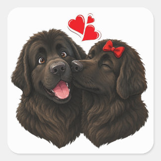 Newfie Küsse Welpenliebe Quadratischer Aufkleber