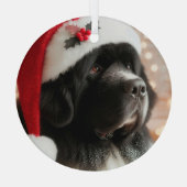 Newfie Pup Tragen einer Weihnachtsmannmütze Ornament Aus Glas (Rückseite)