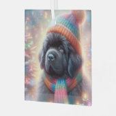 Newfie Pup Winter Square Ornament Aus Glas (Vorderseite links)