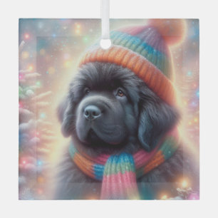 Newfie Pup Winter Square Ornament Aus Glas