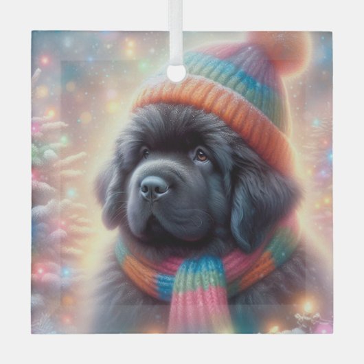 Newfie Pup Winter Square Ornament Aus Glas (Vorderseite)