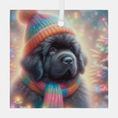 Newfie Pup Winter Square Ornament Aus Glas (Rückseite)