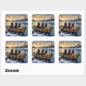 Newfoundland Dog Christmas Boat Holiday Quadratischer Aufkleber (Blatt)