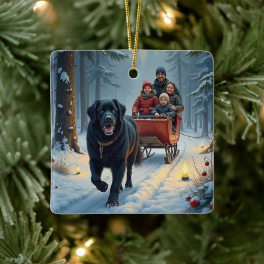 Newfoundland Dog Snowy Sleigh Ride Christmas Keramikornament (Baum)