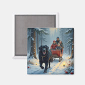 Newfoundland Dog Snowy Sleigh Ride Christmas Magnet (Vorderseite/Rückseite)