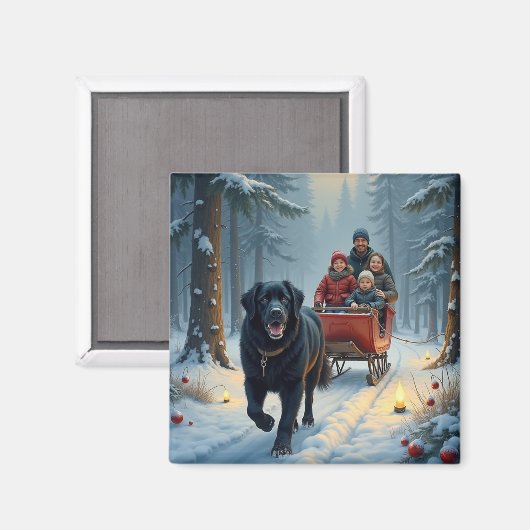 Newfoundland Dog Snowy Sleigh Ride Christmas Magnet (Vorderseite/Rückseite)