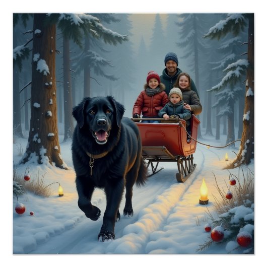 Newfoundland Dog Snowy Sleigh Ride Christmas Poster (Vorderseite)