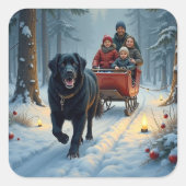 Newfoundland Dog Snowy Sleigh Ride Christmas Quadratischer Aufkleber (Vorderseite)