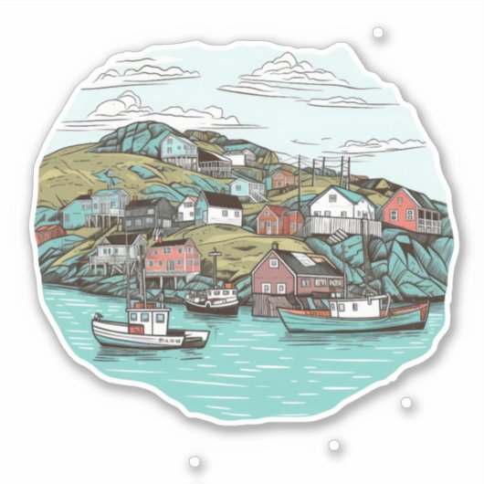 NEWFOUNDLAND HARBOR ILLUSTRATION IN DER FISCHEREIS AUFKLEBER (Vorderseite)