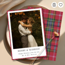 Newlywed Christmas Plaid Merry and Married Photo