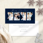 Newlyweds 4 Fotos Navy Frohe Weihnachten<br><div class="desc">Neuigkeiten 4 Fotos White Script Navy Blue Frohe Weihnachten. Verfügbar in digitaler Form und gedruckt. Modern und minimalistisch,  mit einem stilvollen Set-Skript für Frohe Weihnachten. Ersetzen Sie die Beispielbilder durch Ihre eigenen Hochzeitsfavoriten und personalisieren Sie bei Bedarf die Erholung der Wörter auf jeder Seite.</div>