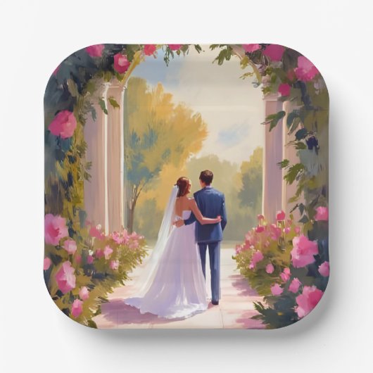 Newlyweds Bride & Groom Wedding Painting Pappteller (Vorderseite)
