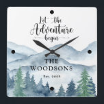 Newlyweds Forest Adventure Begins Wedding  Quadratische Wanduhr<br><div class="desc">Let the adventure begin themed watercolor newlyweds wedding clock with watercolor forest adventure scene. Perfect for your first cabin or lake house.</div>