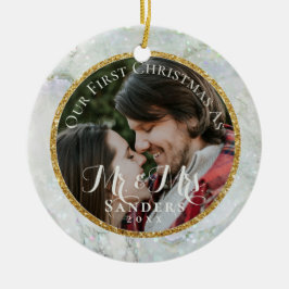 Newlyweds Foto Gold Glitzer Marble Weihnachtsbaum Keramik Ornament