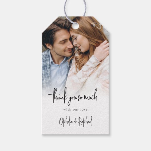 Newlyweds Foto Overlay Script Wedding Vielen Dank Geschenkanhänger (Vorderseite)