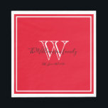 Newlyweds Gift Monogram Name Script Red Paper Serviette<br><div class="desc">Newlyweds Gift Monogram Name Script Red Paper Napkins. Die Standardgröße für das Mittagessen ist nur verfügbar. Personalisiertes, weißes Monogramm-Design mit dem Nachnamen und dem Datum der frisch verheirateten Braut und Bräutigam, das in schwarzer Schrift auf einem reichhaltigen roten Hintergrund gedruckt wurde. Ein einzigartiges Geschenk für Neuvermählte. Lieblich für ihr neues...</div>