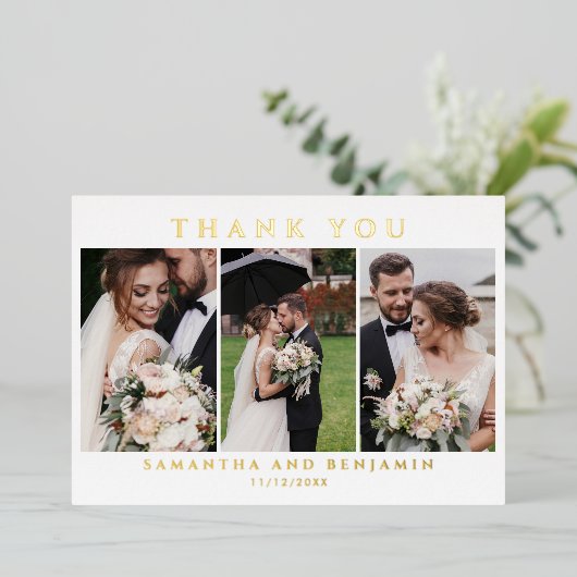 Newlyweds Wedding Foto Collage Vielen Dank Folieneinladung (Stehend vorne)