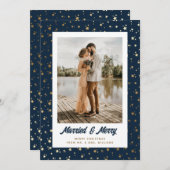 Newlywings Foto Christmas Blue Gold Feiertagskarte (Vorne/Hinten)