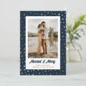 Newlywings Foto Christmas Blue Gold Feiertagskarte (Stehend Vorderseite)