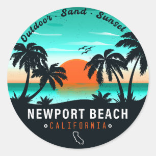 Newport Beach California Retro Sunset Vacation 80e Runder Aufkleber
