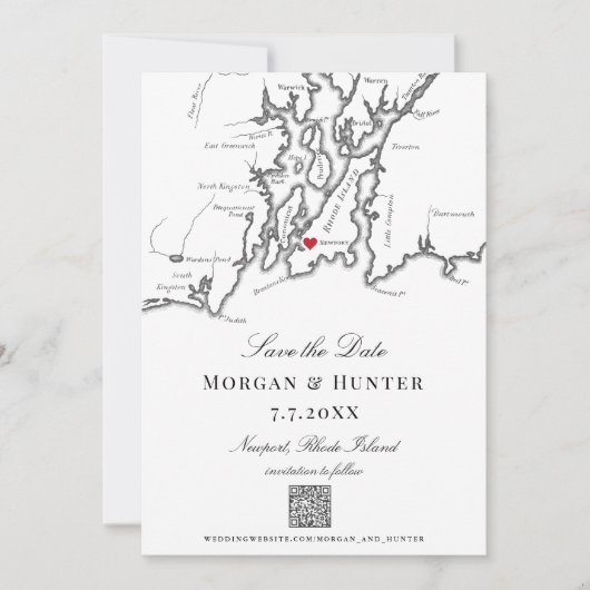 Newport RI Karte Schwarz-Weiß-Elegant QR-Code (Vorderseite)