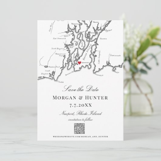 Newport RI Karte Schwarz-Weiß-Elegant QR-Code (Stehend Vorderseite)