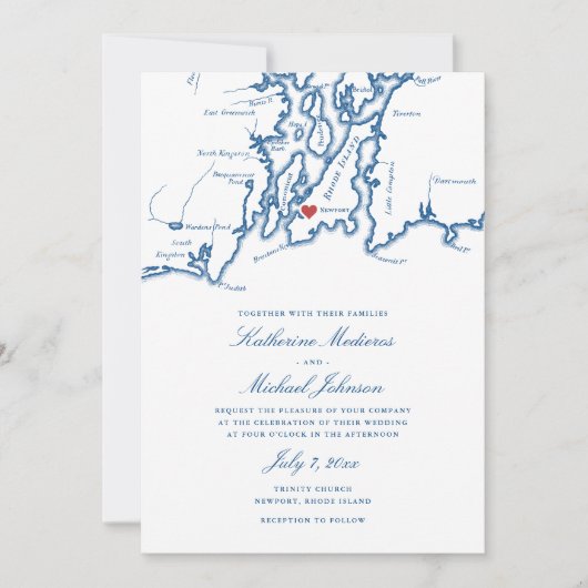 Newport RI Map All-in-One QR Code UAWG Wedding Einladung (Vorderseite)
