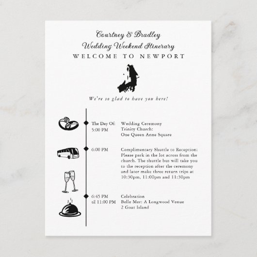 Newport RI Wedding Weekend Interreary Timeline Begleitkarte (Vorderseite)