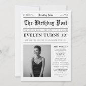Newspaper Black and White Fun Photo 30th Birthday Einladung (Vorderseite)