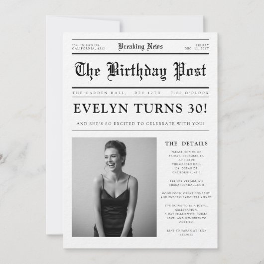 Newspaper Black and White Fun Photo 30th Birthday Einladung (Vorderseite)
