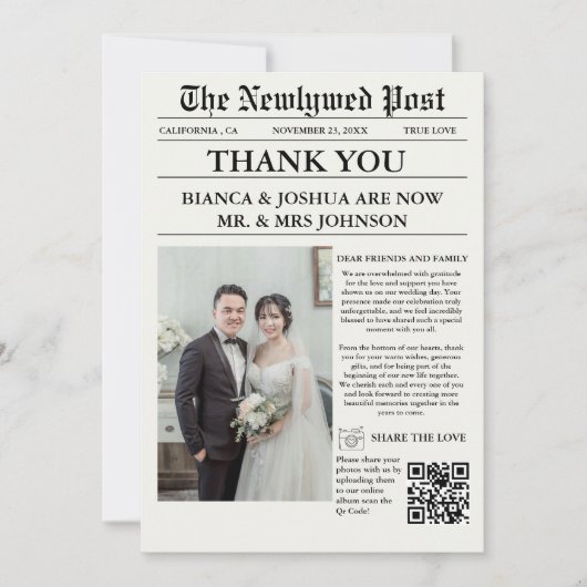 Newspaper Einziges Foto Hochzeit Vielen Dank Einladung (Vorderseite)