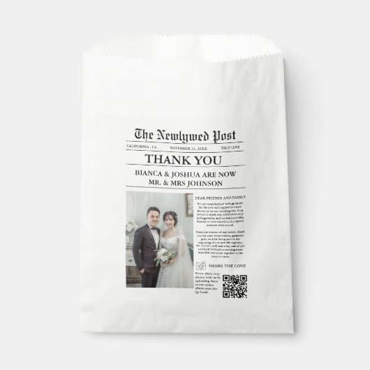 Newspaper Einziges Foto Hochzeit Vielen Dank Geschenktütchen (Vorderseite)