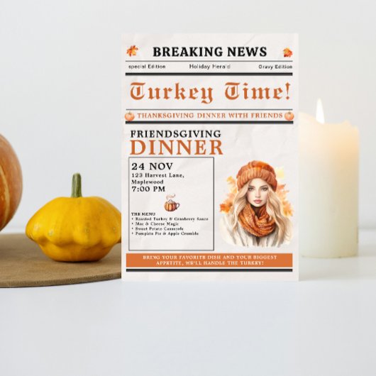 Newspaper Friendsgiving Dinner Thanksgiving Fall Einladung