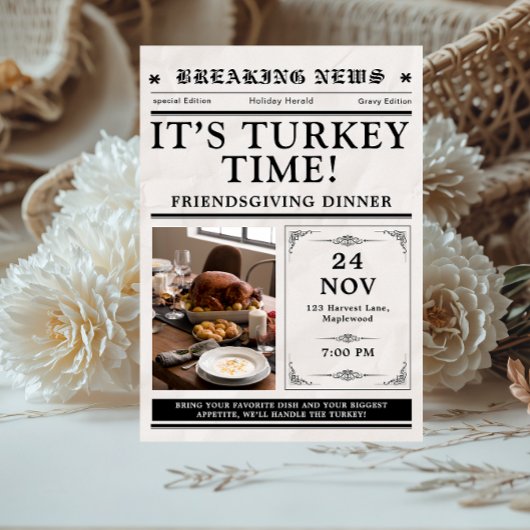 Newspaper Friendsgiving Dinner Thanksgiving Fall Einladung