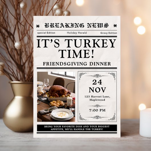 Newspaper Friendsgiving Dinner Thanksgiving Fall Einladung