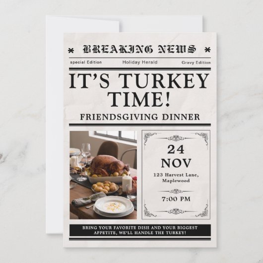 Newspaper Friendsgiving Dinner Thanksgiving Fall Einladung (Vorderseite)