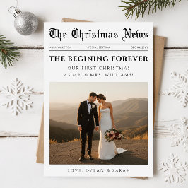 Newspaper Modern Newlywed Wedding Photo Christmas Feiertagskarte