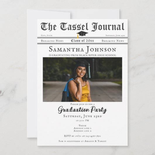 Newspaper Modern Tassel 2 Fotos Graduierungsparty Einladung (Vorderseite)