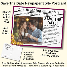 Newspaper Photo Style Save The Date, Maroon & Gold Ankündigungspostkarte