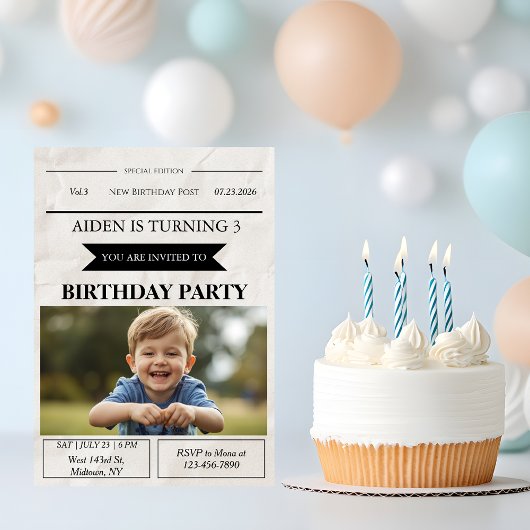 Newspaper Style Custom Photo Birthday Einladung