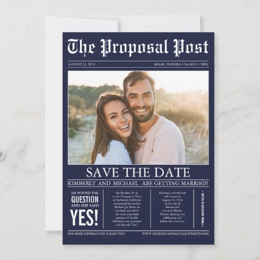 Newspaper Style Navy Blue Save the Date Foto (Vorderseite)