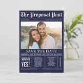 Newspaper Style Navy Blue Save the Date Foto (Stehend Vorderseite)