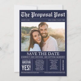 Newspaper Style Navy Blue Save the Date Foto