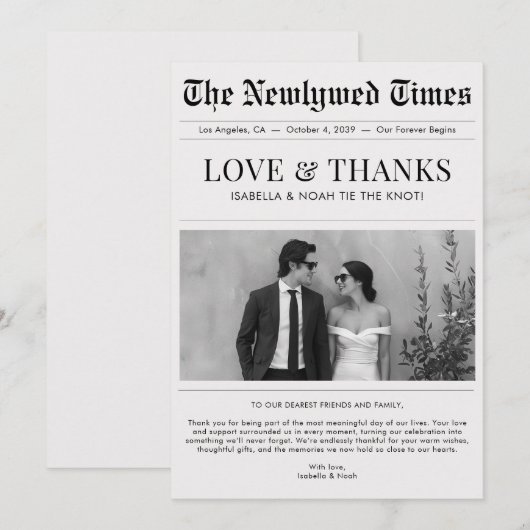 Newspaper Style Newlywed Wedding Thank You Dankeskarte (Vorne/Hinten)
