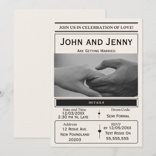 Newspaper-Style Wedding Invitation | Customisable  Einladung (Vorne/Hinten)