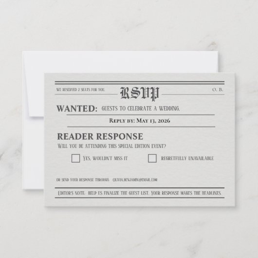 Newspaper-Style Wedding RSVP Response card Karte (Vorderseite)