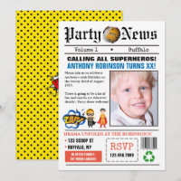 Newspaper Superhero Birthday Party Foto Einladung