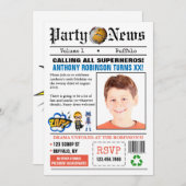 Newspaper Superhero Birthday Party Foto Einladung (Vorne/Hinten)